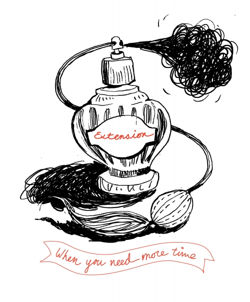 cartoon of perfume bottle labeled "Extension" with the words "When you need more time"